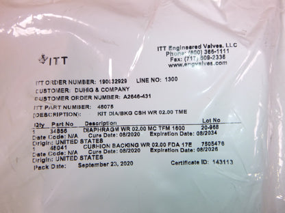 ITT 48075 Diaphragm Kit Backing Cushion Kit WR 2.00″ | Industrial MRO Replacement Parts, Manufacturing Machine Parts &amp; Components, Heavy Equipment Parts Supplier