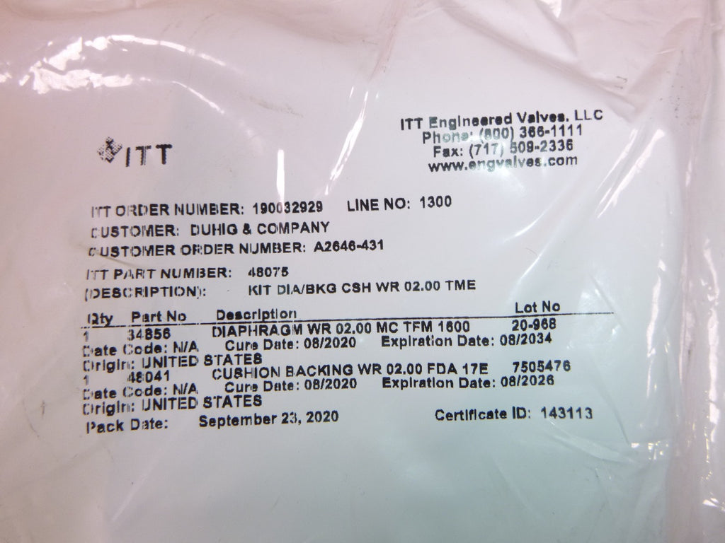 ITT 48075 Diaphragm Kit Backing Cushion Kit WR 2.00″ | Industrial MRO Replacement Parts, Manufacturing Machine Parts & Components, Heavy Equipment Parts Supplier