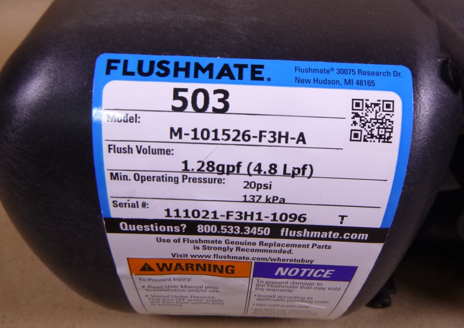 Flushmate 503 Series M-101526-F3H-A Pressure Assist System 1.28 GPF