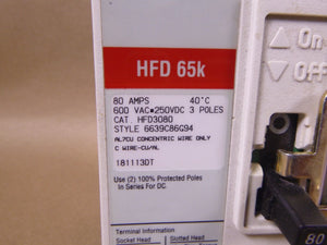 Eaton HFD3080 80 Amps 3-Pole 600 VAC 250 VDC Circuit Breaker W/ Padlock latch