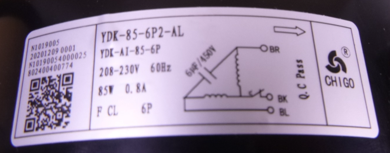 Chigo Outdoor A/C Motor YDK-85-6P2-AL / YDK-AI-85-6P 802400400774 For MR Cool | Industrial Electric Motors, Pumps &amp; Parts