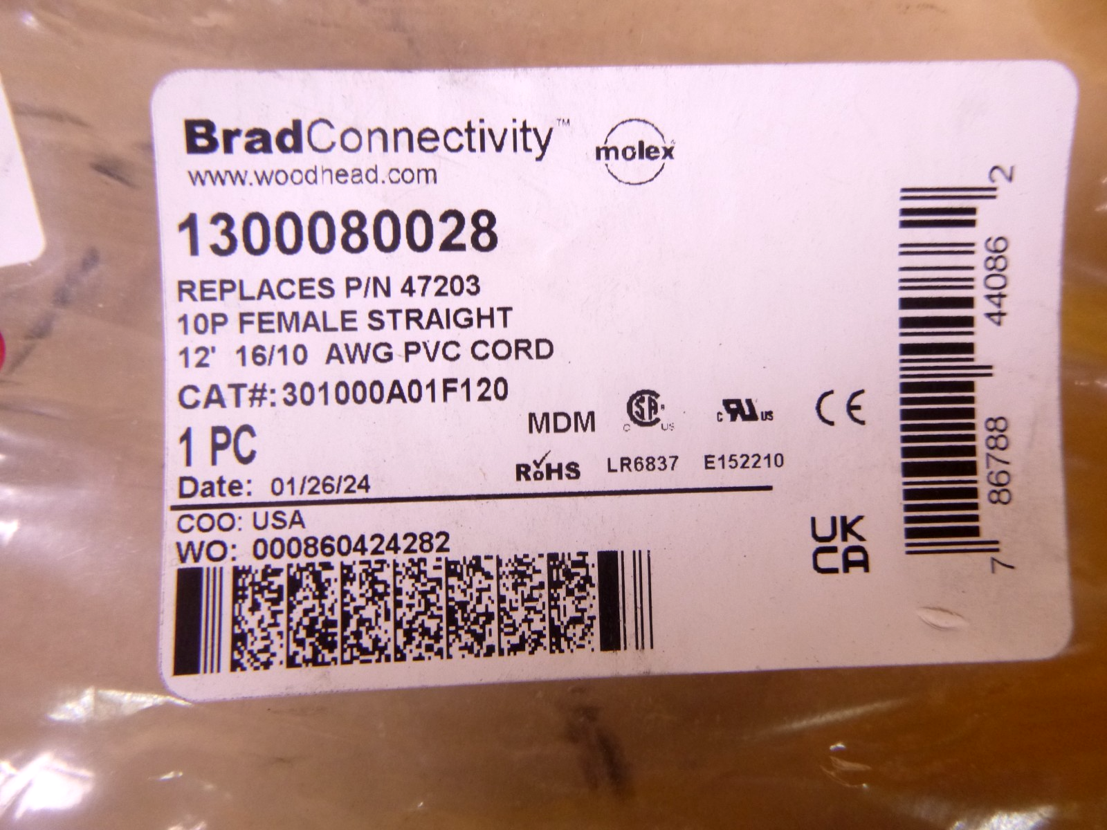 1300080028 Brad Connectivity 12 Ft 10 Pos Straight Female Cordset Molex Woodhead | Electrical MRO Replacement Parts &amp; Components and Commercial Electrical Supplies Company