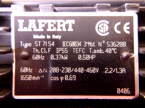 Lafert IEC 71 Metric Frame Electric Motor 1/2 Hp 1700Rpm 3 Phase TEFC 14mm Shaft