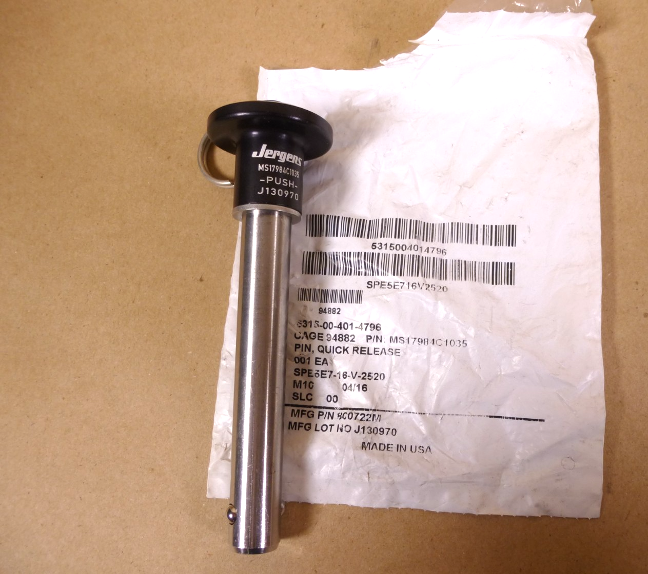 5/8" X 3-1/2" GRIP LENGTH JERGENS 17-4 SS BALL LOCK QUICK RELEASE PIN MIL-SPEC | Industrial Replacement Nuts &amp; Bolts Distributor and Machinery Screws &amp; Fasteners Supply