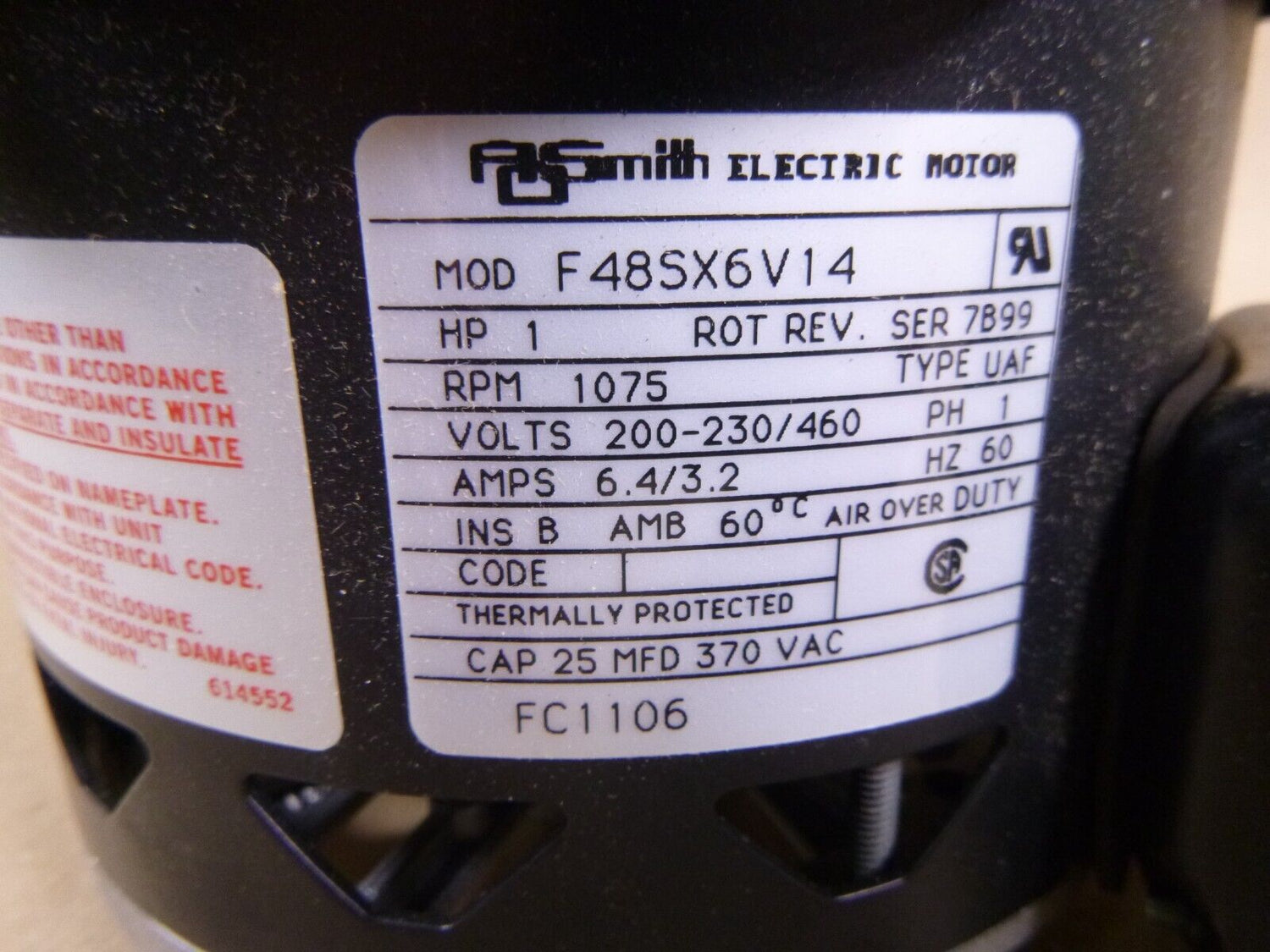 F48SX6V14 A.O. Smith 1 HP Single Phase Condenser Fan Motor 200-230/460 V, FC1106 | Industrial Electric Motors, Pumps &amp; Parts