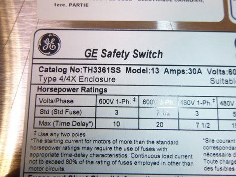 GE TH3361SS Heavy Duty Stainless Steel Safety Switch 30 Amp 3 Ph. Nema 4X Fused