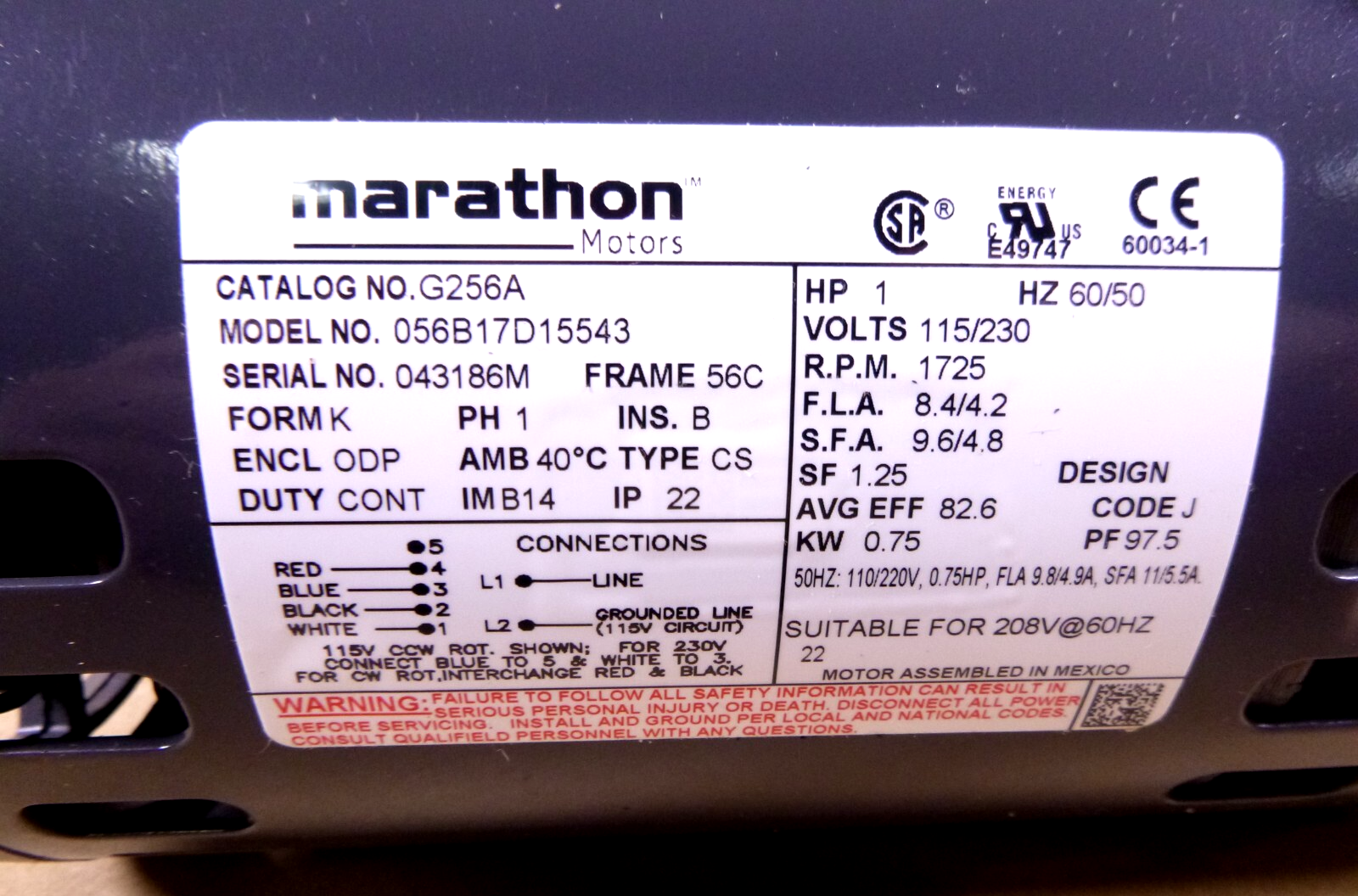 New 1 HP Marathon Electric Motor 1725 RPM 56C Face Mount 115/230V Single Phase | Industrial Electric Motors, Pumps &amp; Parts