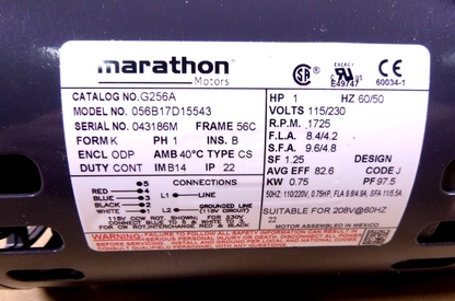 New 1 HP Marathon Electric Motor 1725 RPM 56C Face Mount 115/230V Single Phase | Industrial Electric Motors, Pumps &amp; Parts