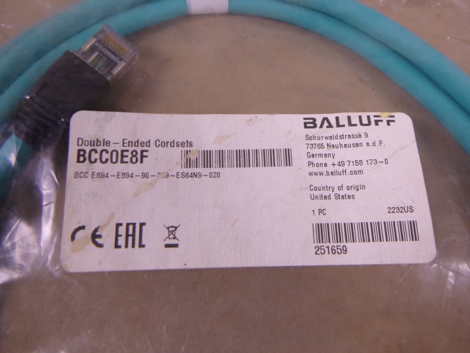 BALLUFF BCC E894-E894-90-339-ES64N9-020 , 2M, RJ45 Double End Cordset , BCC0E8F | Electrical MRO Replacement Parts &amp; Components and Commercial Electrical Supplies Company