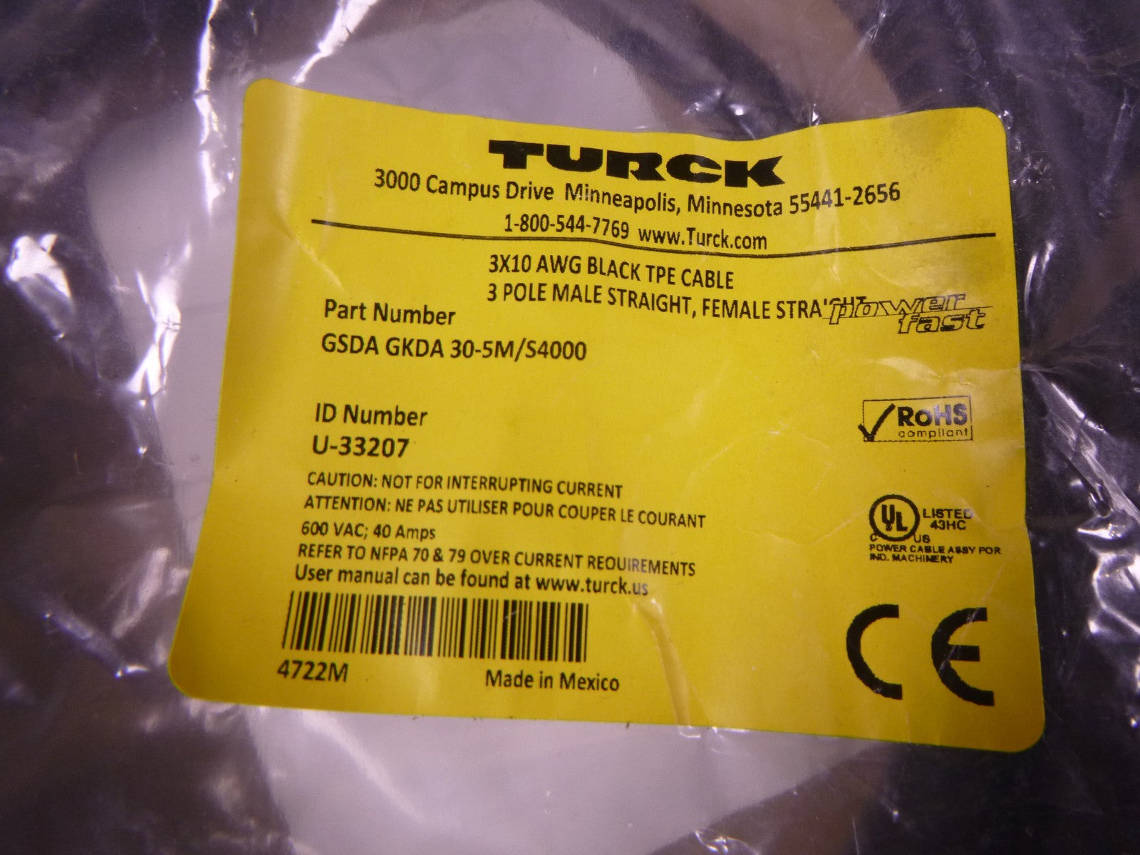 TURCK GSDA GKDA 30-5M/S4000 3x10AWG Black TPE Cable 3 Pole M/F - U-33207 | Electrical MRO Replacement Parts &amp; Components and Commercial Electrical Supplies Company