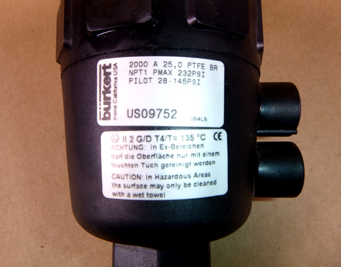 Burkert 1" Angle Seat Valve Type 2000 A 25, 0 PTFE BR NPT1 PMAX 232 Psi | Industrial MRO Replacement Parts, Manufacturing Machine Parts & Components, Heavy Equipment Parts Supplier