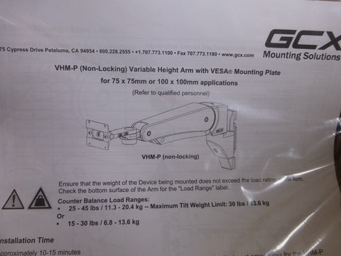 GCX VHM-P VESA 25-45lbs Variable Height Arm with VESA Mounting Plate Slide Below