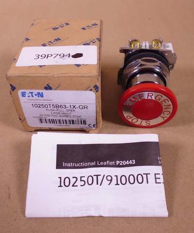 Eaton 10250T5B63-1X-GR Red Emergency Stop Push-Pull Button, 2 POS MAINT. 1NO-1NC