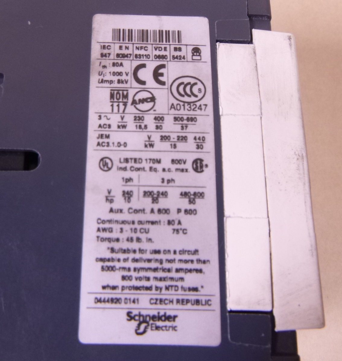 Schneider Contactor LC1D65 LC1D6511 80A Telemecanique NO NC 50HP