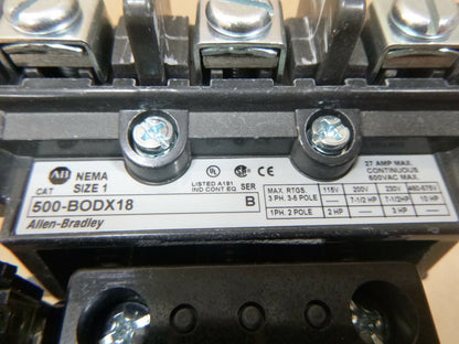 ALLEN BRADLEY 500-BODX18 SIZE 1 CONTACTOR STARTER 27AMP 600VAC 120V COIL | Electrical MRO Replacement Parts &amp; Components and Commercial Electrical Supplies Company