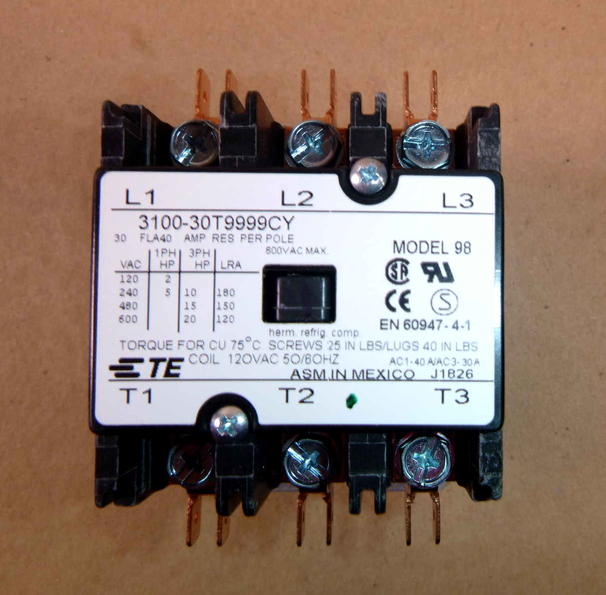 3100-30T9999CY TE Connectivity RELAY CONTACTOR 3PST 30A 120V | Electrical MRO Replacement Parts &amp; Components and Commercial Electrical Supplies Company