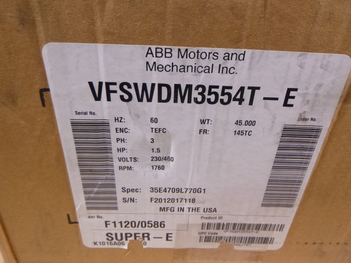 Baldor 1.5HP 1760RPM Stainless SUPER-E Washdown Duty Motor 3PH , VFSWDM3554T-E *MISSING TWO SCREWS* | Industrial Electric Motors, Pumps &amp; Parts