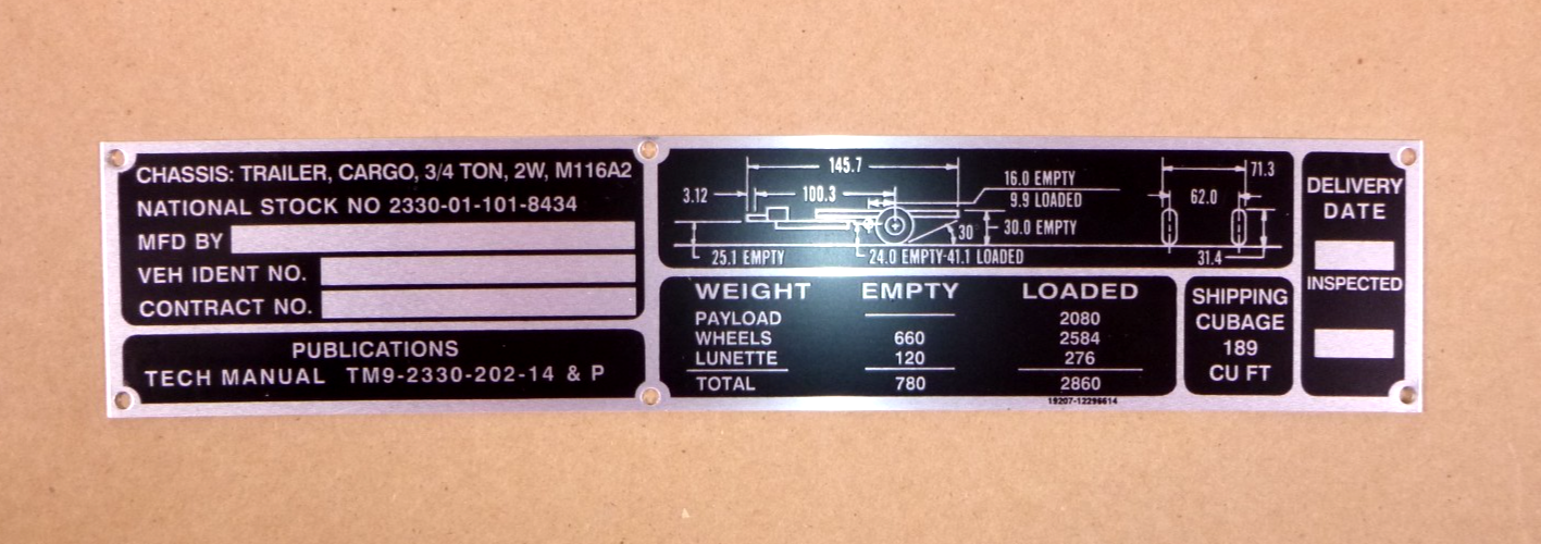 USGI M116A2 3/4 Ton Chassis Trailer Data Plate 12296614, 9905-01-147-5836 | Replacement Truck Parts, Trailer Accessories, Automobile Supplies, Car Parts &amp; Accessories