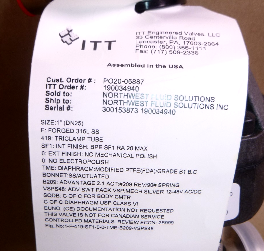 1" ITT Pneumatic Actuator 90psi B209 W/Tri-Clamp Connection &amp; Mechanical Switch | Electrical MRO Replacement Parts &amp; Components and Commercial Electrical Supplies Company