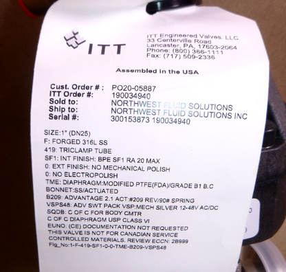 1" ITT Pneumatic Actuator 90psi B209 W/Tri-Clamp Connection &amp; Mechanical Switch | Electrical MRO Replacement Parts &amp; Components and Commercial Electrical Supplies Company