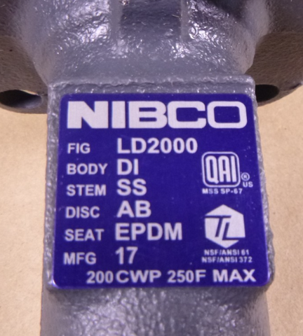 Nibco LD2000 2-1/2" Butterfly Valve w/ Lever , EPDM, 200CWP 250F Max | Industrial MRO Replacement Parts, Manufacturing Machine Parts & Components, Heavy Equipment Parts Supplier
