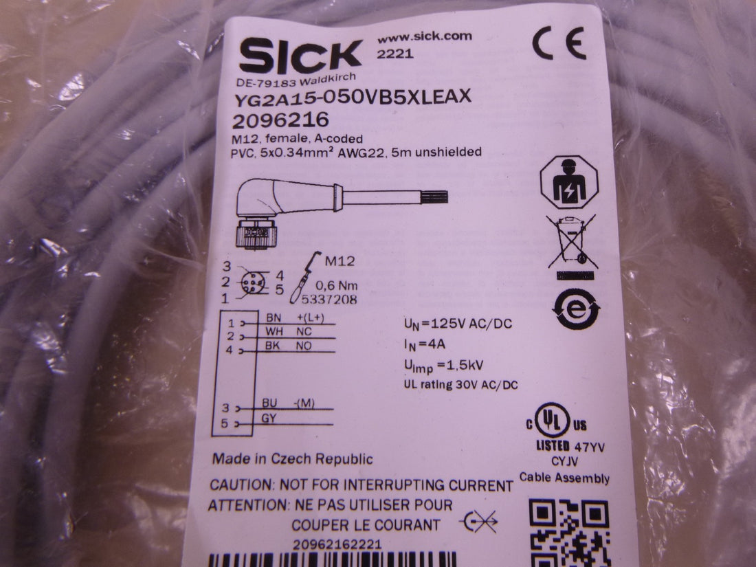 Sick YG2A15-050VB5XLEAX Sensor Actuator Cable 5m Angled M12 Female Leads 2096216