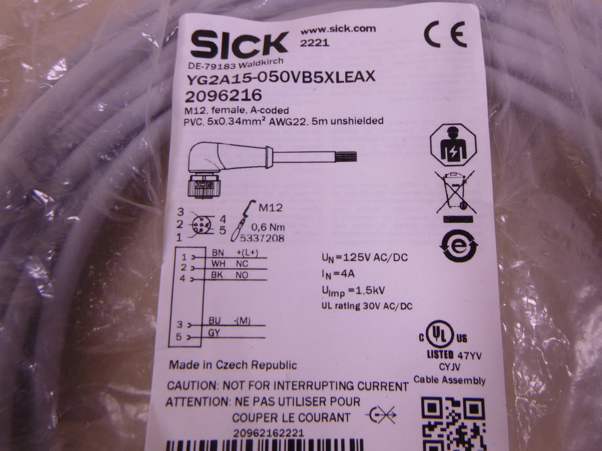 Sick YG2A15-050VB5XLEAX Sensor Actuator Cable 5m Angled M12 Female Leads 2096216