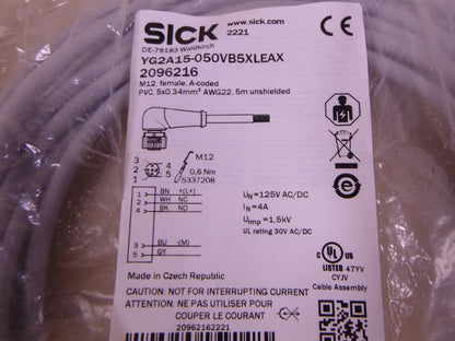 Sick YG2A15-050VB5XLEAX Sensor Actuator Cable 5m Angled M12 Female Leads 2096216