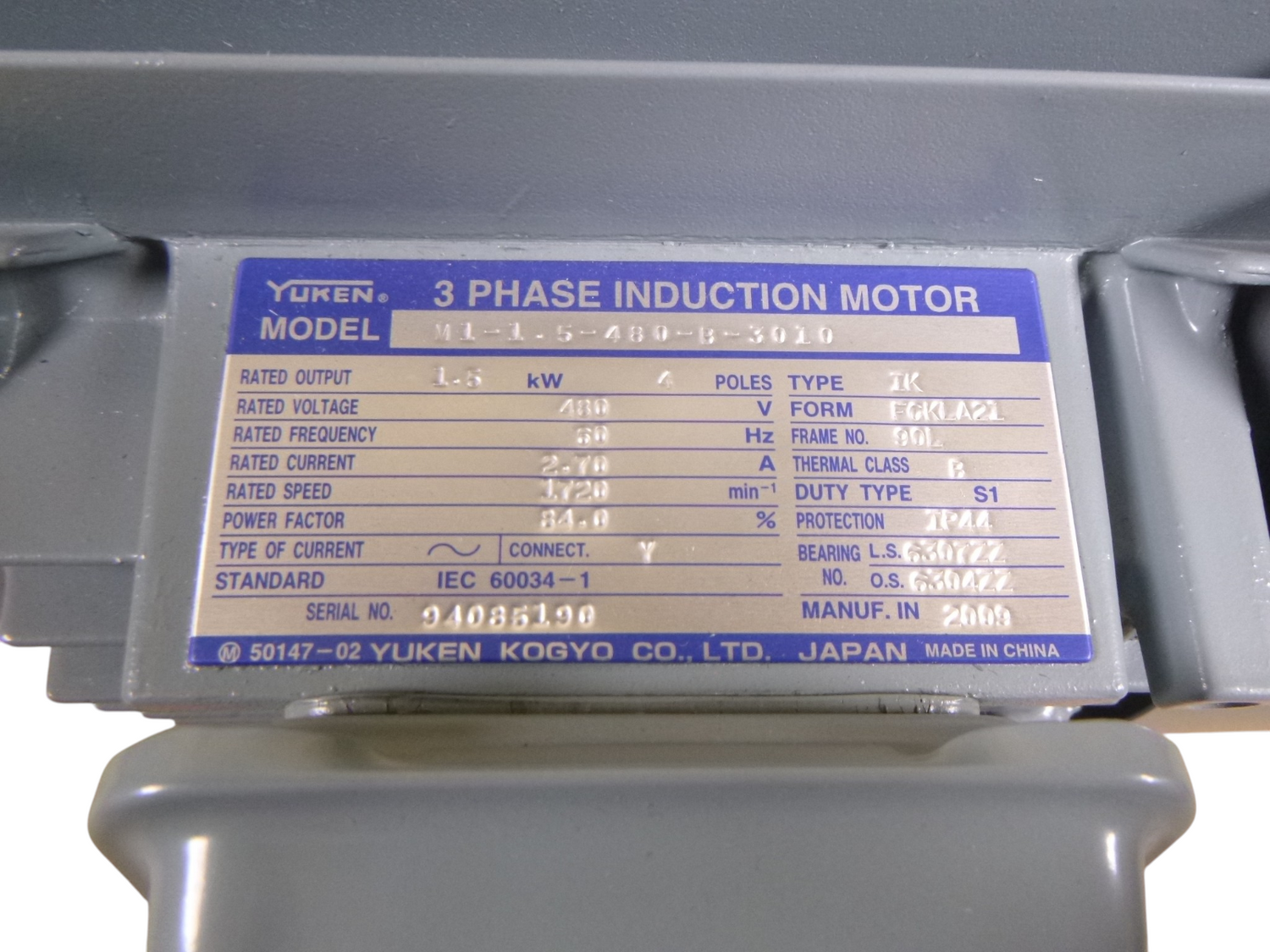 Yuken Kogyo M1-1.5-480-B-3010 3-Phase Induction Motor 90L 1.5kw 4Pole 480V | Industrial Electric Motors, Pumps &amp; Parts