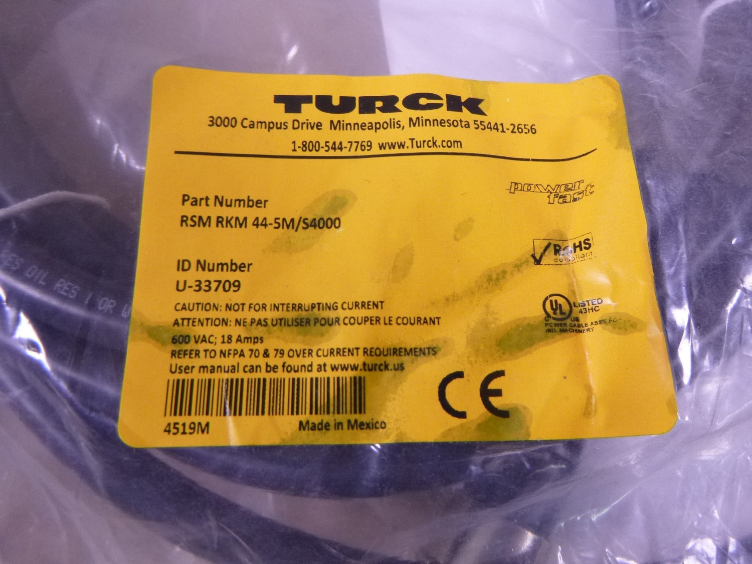 Turck RSM RKM 44-5M/S4000 Power Cordset 7/8" Male To Female 4-Pin 5M , U-33709 | Electrical MRO Replacement Parts &amp; Components and Commercial Electrical Supplies Company