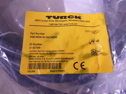 Turck RSM RKM 44-5M/S4000 Power Cordset 7/8" Male To Female 4-Pin 5M , U-33709 | Electrical MRO Replacement Parts &amp; Components and Commercial Electrical Supplies Company