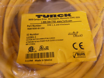 Turck RSM RKM 40-10M Minifast Cordset 4 Pin M/F 7/8"-16 UN 10m , U2281-1 | Electrical MRO Replacement Parts &amp; Components and Commercial Electrical Supplies Company