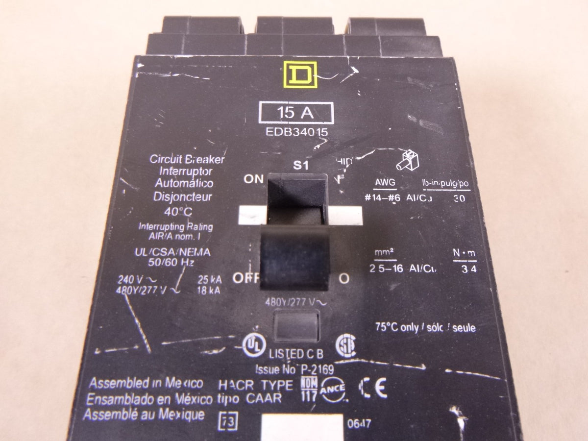 USED Square D EDB34015 Bolt-on Circuit Breaker 3P 15A 240/480Y/277V | Electrical MRO Replacement Parts &amp; Components and Commercial Electrical Supplies Company