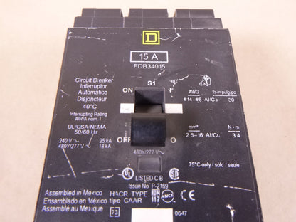 USED Square D EDB34015 Bolt-on Circuit Breaker 3P 15A 240/480Y/277V | Electrical MRO Replacement Parts &amp; Components and Commercial Electrical Supplies Company