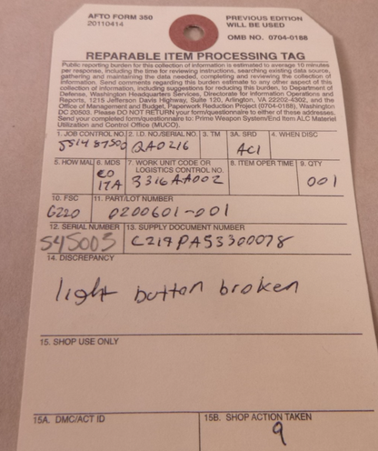(Needs Repair) 0200601-001 Cockpit Light , 17B9E3027-1 , 6220-01-417-8044