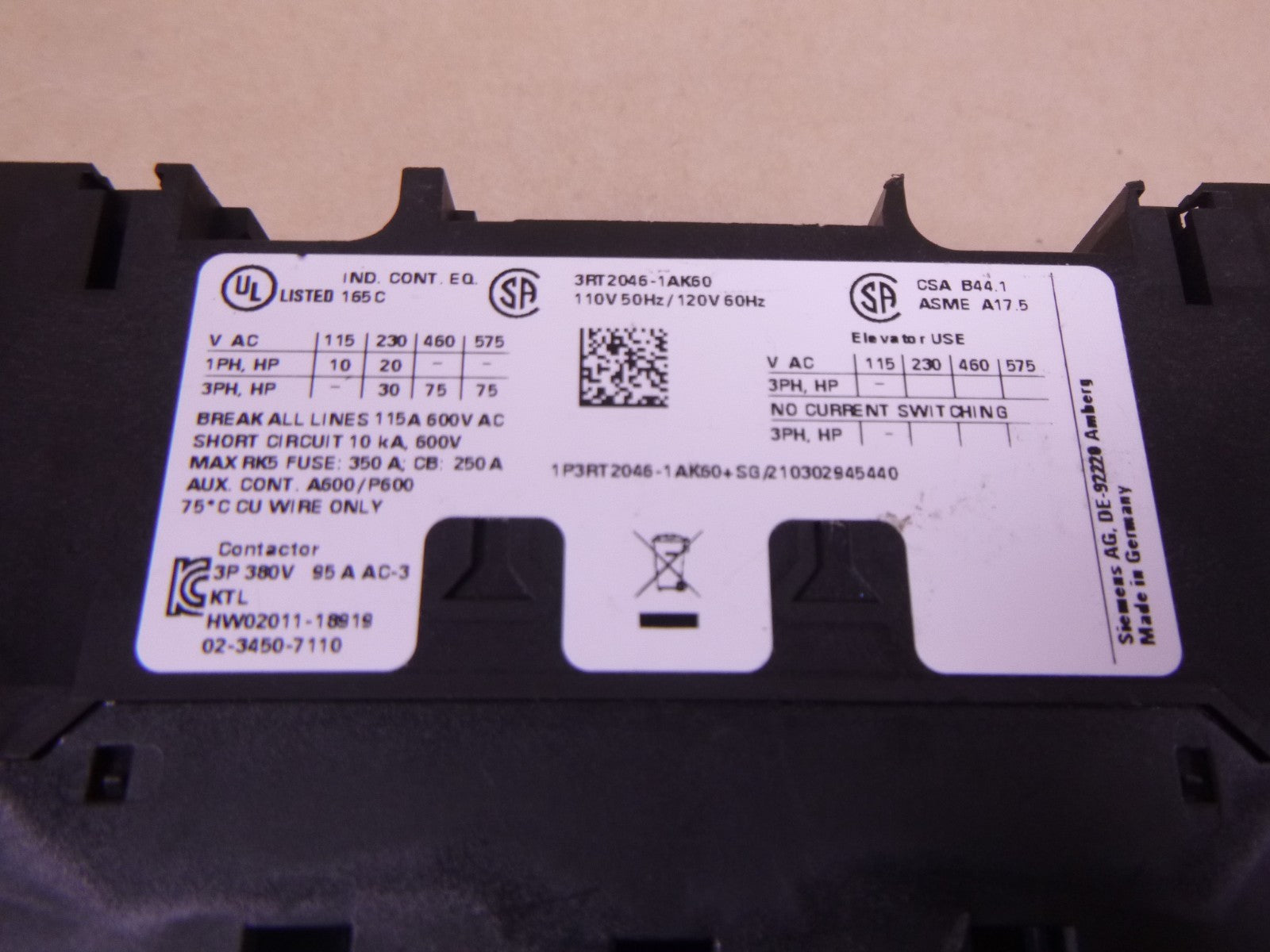 Siemens 3RT2046-1AK60 Contactor 95 Amp 400V 45kW , 110/120V 50/60Hz | Electrical MRO Replacement Parts &amp; Components and Commercial Electrical Supplies Company