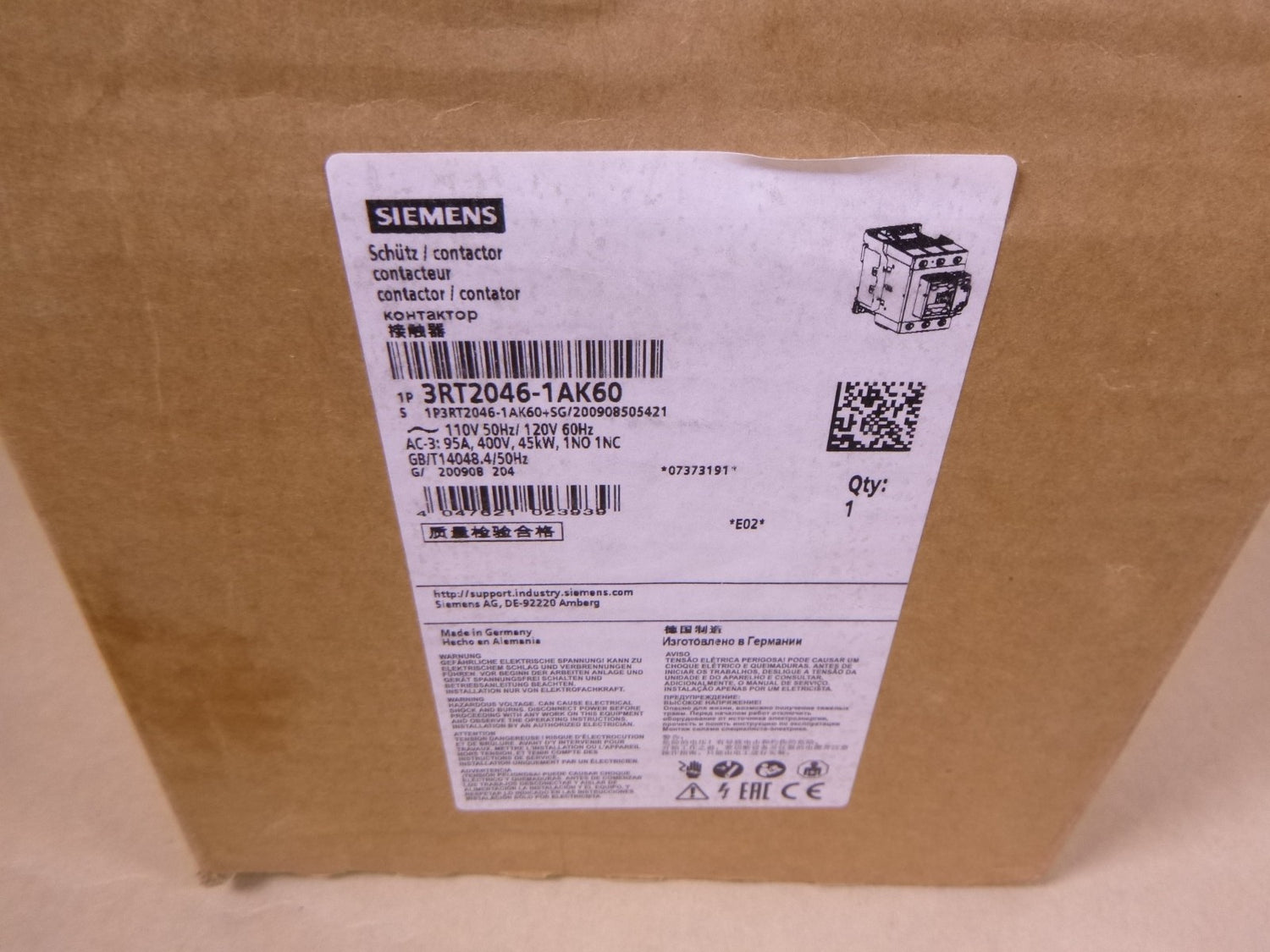 Siemens 3RT2046-1AK60 Contactor 95 Amp 400V 45kW 1NO 1NC , 110/120V 50/60Hz