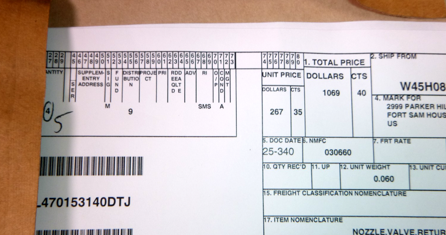 USGI Return Nozzle Valve 204-040-823-3, 2910-00-837-1786 (Lot of 5 Pcs)