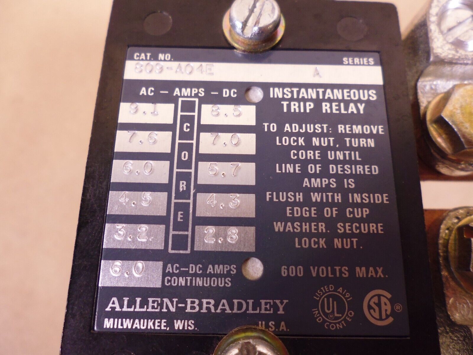 Allen Bradley 809-A054E Series A, Instantaneous Trip Relay, 600V | Electrical MRO Replacement Parts &amp; Components and Commercial Electrical Supplies Company