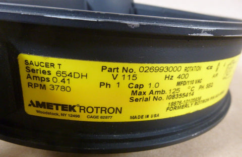 Ametek Rotron 026993000 Saucer T Tubeaxial Fan 654DH 400HZ 115V 3780RPM 1PH - Royal Equipment AMETEK