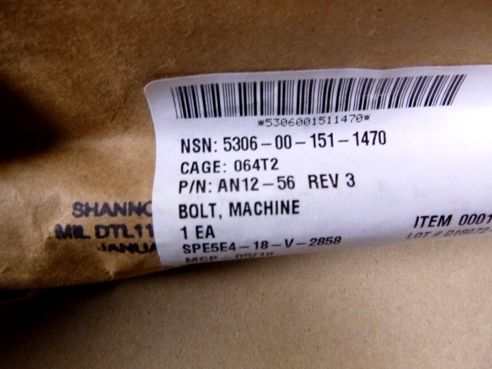 AN12 - 56 Aeronautical Standards 3/4" - 16 Aircraft Bolt 5306 - 00 - 151 - 1470 - Royal Equipment AERONAUTICAL STANDARDS