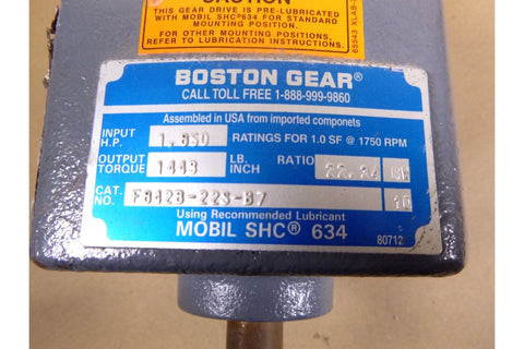 BOSTON GEAR In - Line Helical Speed Reducer F842B - 22S - B7, Ratio 22:1, Hp 1.850 - Royal Equipment Boston GearInline Speed Reducer