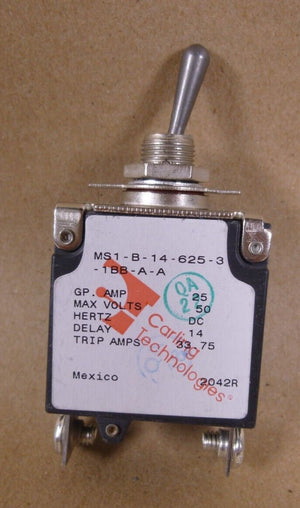 Carling MS1 - B - 14 - 625 - 3 - 1BB - A - A Circuit Breaker 25 Amp 50VDC , 33.75 Trip - Royal Equipment Carling