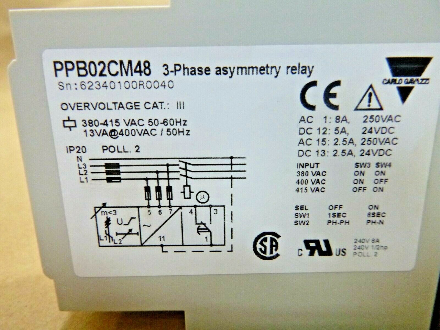 Carlo Gavazzi PPB02CM48 Monitoring Relay 3-Phase Asymmentry, 5A, SPDT,380-480VAC | Electrical MRO Replacement Parts &amp; Components and Commercial Electrical Supplies Company