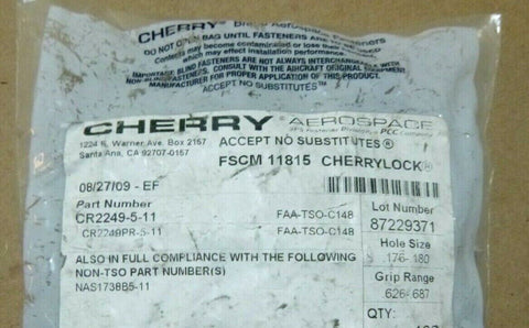 Cherry Max Aerospace Blind Rivets CR2249 - 5 - 11, 5320 - 00 - 189 - 8718 (100 Pcs) 7/8"L - Royal Equipment CHERRY MAX