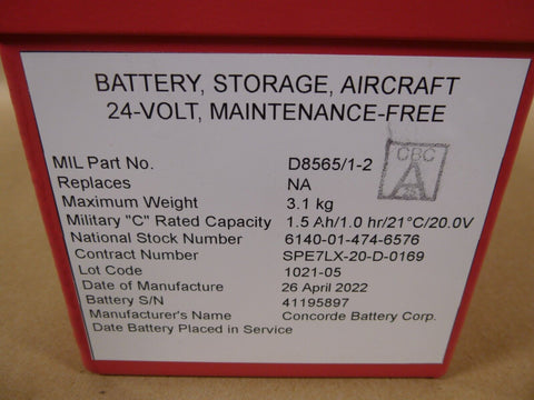 Concorde D8565/1 - 2 24V Aircraft Storage Battery 1.5Ah , 6140 - 01 - 474 - 6576 - Royal Equipment CONCORDE