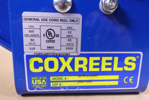 Coxreels EZ - PC13 - 5012 - F Spring Rewind Power Cord Reel Duplex Receptacle 50' Cord - Royal Equipment COXREELS