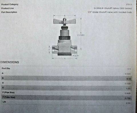 CPV 1/2" Globe Shutoff Valve W/ Welded Ends 370 - 3, 6000 Psi, 316L Stainless - Royal Equipment CPV