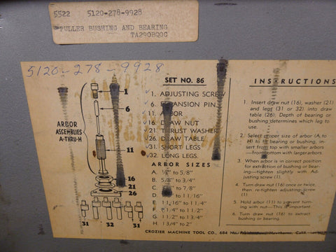 Crozier Machine Tool Bearing Bushing Puller Set #86 , USA - Royal Equipment Crozier