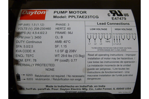 Dayton 2ZXT4 Self Priming Centrifugal Pump 1.5HP 3PH 3450RPM 60HZ 208 - 230/460V - Royal Equipment Royal Equipment